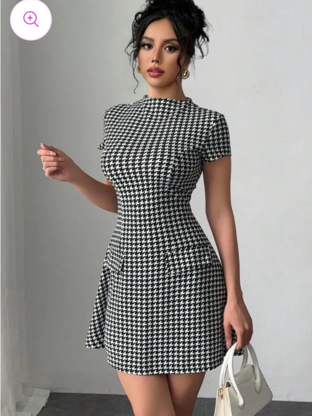 Houndstooth Short Sleeve Fit-and-Flare Dress - Black/White